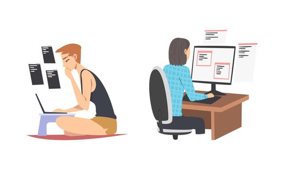 Girls programmers working on computers writing computer programs cartoon illustration vector