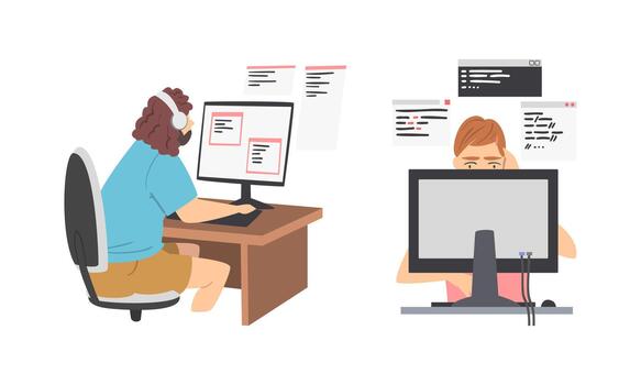 Software developers creating computer programs cartoon illustration vector