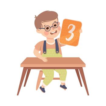 pequeño chico con número Tres sentado a escritorio demostración tarjeta con número ilustración vector