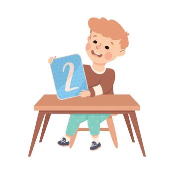 pequeño chico con número dos sentado a escritorio demostración tarjeta con número ilustración vector