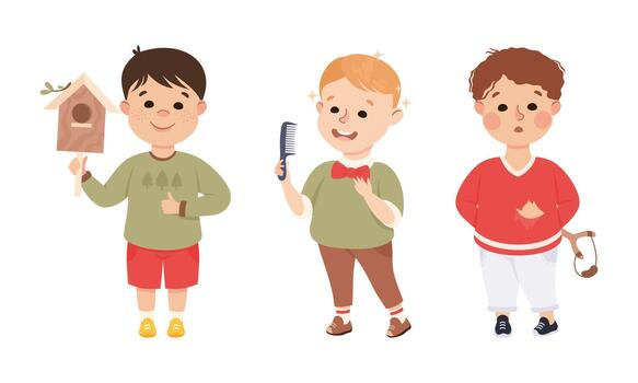 Obedient and Naughty Boy with Nesting Box and Forked Stick Set vector