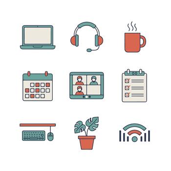 Flat Remote Work Scene with 9 Minimal Office Elements vector