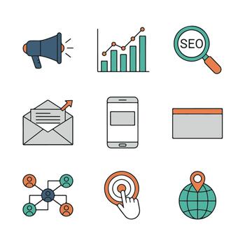 Flat Digital Marketing Tools Icons with Simple Minimal Design vector