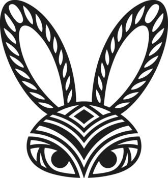 Black abstract rabbit face with patterned ears and eyes on white vector