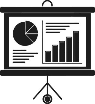 Black silhouette of a projection screen displaying pie chart and bar graph reporting results vector