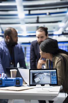 Group of industry experts and engineers analyzing solar panel systems during a production inspection, ensuring engineering accuracy, quality control and factory operations efficiency. photo