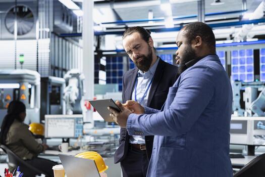 multiétnico especialistas ingenieros haciendo trabajo en equipo en moderno producción línea para solar paneles fuerza, combinatorio técnico visión y colaboración para renovable energía infraestructura. foto