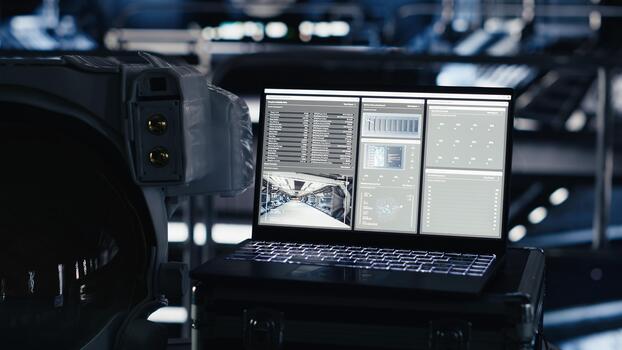 Laptop inside high tech spaceship cockpit displaying analytics and mission telemetry software. Notebook in orbit station shows performance dashboard during cosmic navigation photo