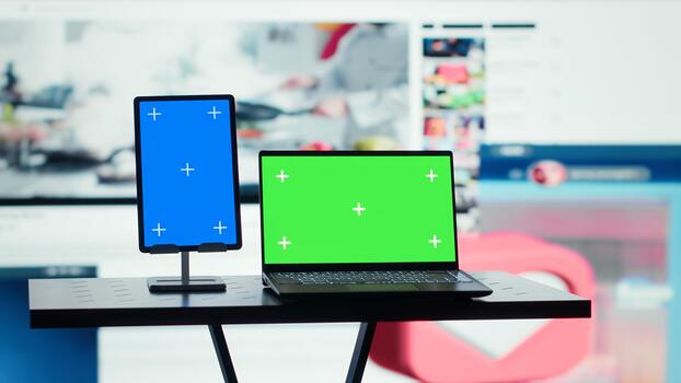 Chroma key notebook and tablet and multimedia display merging gaming, cooking, and tech clips. Isolated screen devices in front of digital interface mirroring today media consumption habits photo