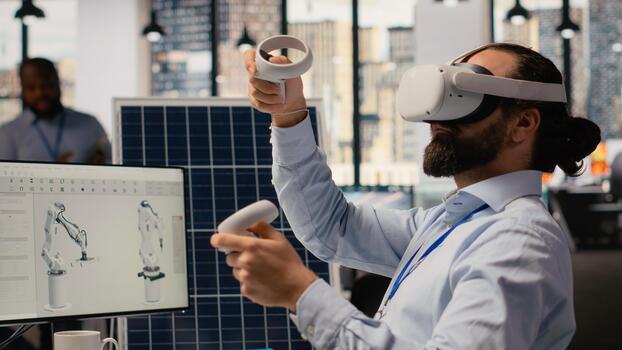 RD department researcher using VR headset to study solar clean energy systems. Engineer using virtual reality simulation to improve photovoltaics carbon footprint, camera B photo