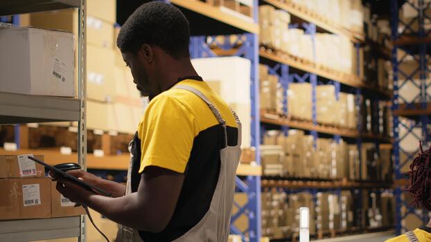 Fulfillment center worker scanning shipping labels to register in inventory, updating records in management system on tablet. E-commerce retail delivery operations in industrial space. Camera B. photo