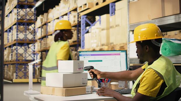 African american employee fixing tags and scanning barcode labels on boxes, registering the merchandise and shipment details before distribution. Using scanner on tracking info. Camera A. photo