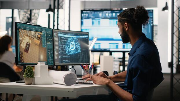 Real estate developer in a corporate office using machine learning, cognitive computing and cybernetics to analyze blueprints and property layouts. Residential and commercial investments. photo