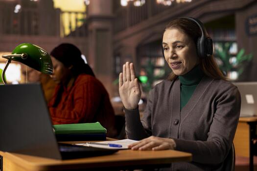 Female student participates in an online class via laptop in a campus library, engaged in a conference lecture while researching for a thesis and studying for academic qualifications. photo