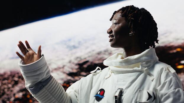 Jolly orbital station astronaut delighted by beauty of planet in space, using AR tech. Cosmonaut using augmented reality looking in awe at galaxy celestial bodies, rotating 360 degrees, camera B photo