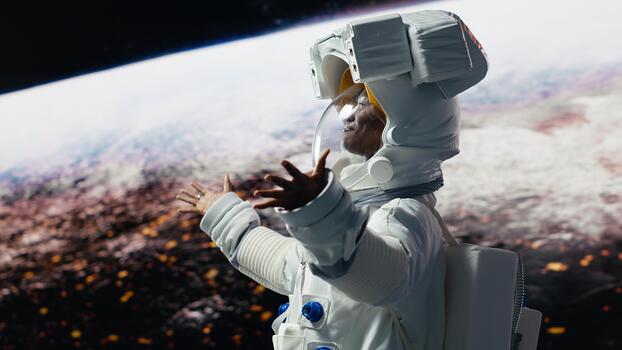 Ecstatic astronaut opening arms wide, excited to finish mission, approaching planet with space shuttle. Cosmonaut enjoying outer space experience, rotating 360 degrees, appreciating sights, camera B photo