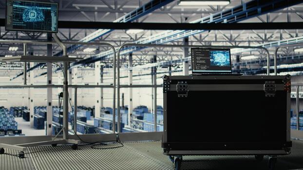 AI coding script powering neural networks running on laptop in server room with rigs handling queries. AI tech on notebook in data center with hardware supporting artificial intelligence services photo