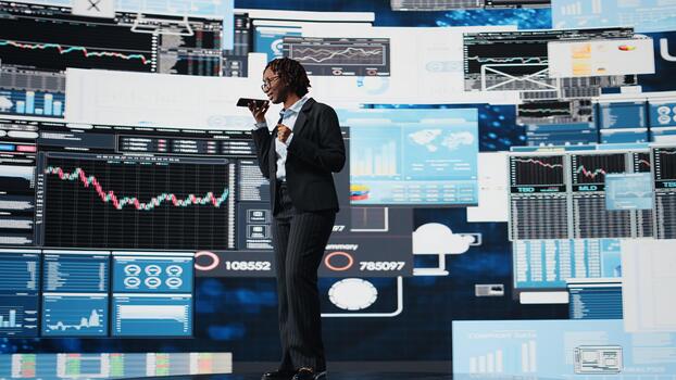 Businesswoman sharing voice note to coworker on phone, reviewing performance metrics. Manager using smartphone to send audio message to business partner, evaluating annual report data, camera A photo