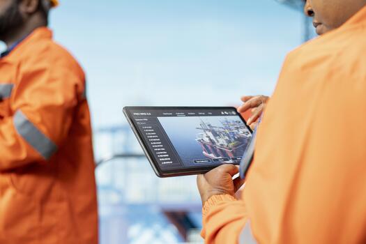 Close up of offshore platform experts using tablet app to monitor equipment performance in real time. Drilling rig colleagues working together to calibrate gear with asset management system on device photo
