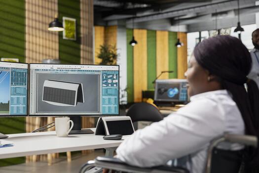 Product designer with paraplegia in inclusive office creating solar device for clean energy projects. Engineer with disability in wheelchair designs solar prototype to reduce environmental impact photo