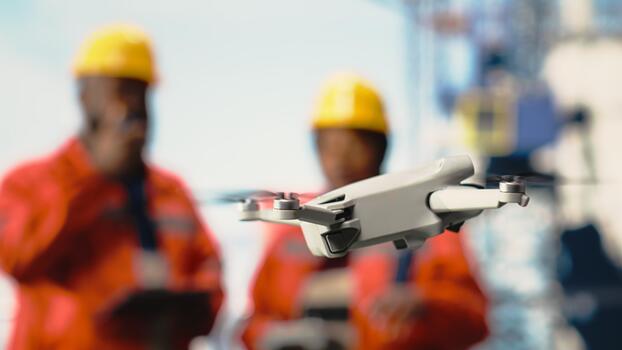 Close up of drone used by operators working on offshore platform, doing site inspection. Engineers use aerial photography technology to determine optimal locations for drilling pipelines photo