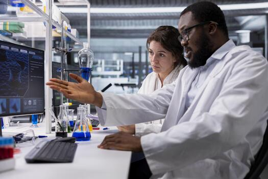Diagnostic laboratory manager and woman using computer program for DNA data analysis. Research facility team leader and employee using bioinformatics genomics software on PC in modern lab photo