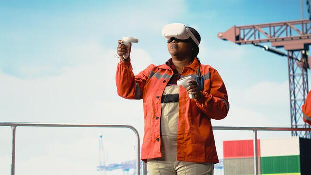 Woman on offshore platform deck using virtual reality tech to configure ship management systems for efficient oil extraction. Drilling rig ship worker doing seabed analysis using VR headset photo