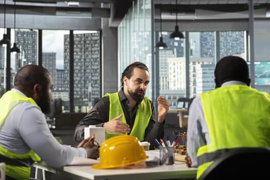 Developers and architects working on real estate investment plan. Business team analyzes property data, housing blueprints and market trends to optimize land acquisition and projects. photo