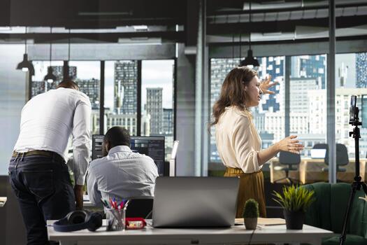 Business coworkers in modern office space sharing insights and reports, work team focuses on data visualization for efficient resource allocation. Successful company administration. photo