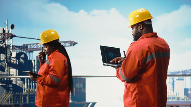 Offshore platform crew using artificial intelligence program on laptop to optimize drilling operations. African american coworkers analyzing geology data using AI tech on notebook, photo