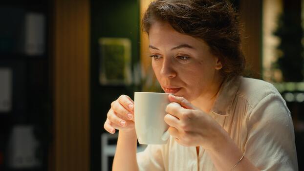 Company manager serving coffee at the office after hours while working late, researching documents and reports to create agenda for company development plan. After hours tasks. Camera B. photo
