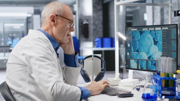 Chemist in biolab observes computer with fascination and curiosity, captivating experiment data results. Intrigued scientist reading unusual biotechnology research discovery. photo
