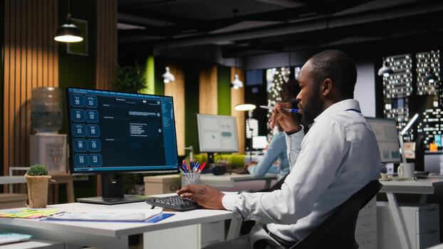Male black employee focusing on AI virtual assistant usage on monitor, solving problem solving tasks with futuristic tech and machine learning. Communication and IT support. photo