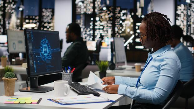 joven hembra analista usos ai neural redes para datos minería y mejoramiento, trabajando en un multinacional empresa con automatización herramientas. artificial inteligencia digital herramientas para éxito. foto