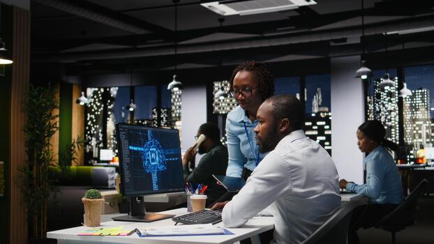 Business team of experts use AI big data and predictive analytics, checking smart work solutions and cloud computing for adaptive strategies. Artificial intelligence engineering algorithms. photo