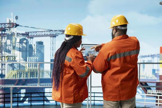Drilling rig engineers check laptop software dashboard for anomaly detection during operation. Offshore platform workers use notebook program interface to control equipment processes remotely photo