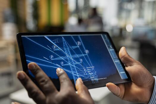 Close up of engineer reviewing electrical grid data on tablet to identify energy audit findings and upgrade needs. Worker reads transmission tower efficiency metrics analytics dashboard on device photo