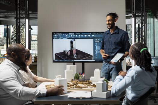 Middle eastern architect showing blueprints and software for construction master plan, briefing meeting to evaluate measurements and housing layout. Developers with residential project. photo