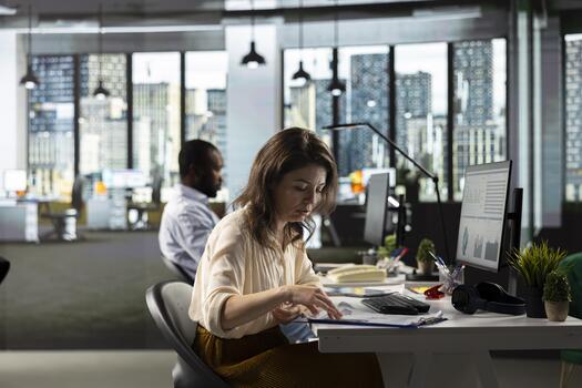 Business people in office reviewing data and proposals during corporate briefing. Diverse work team consulting on goals, budgeting and project metrics for company administration. photo