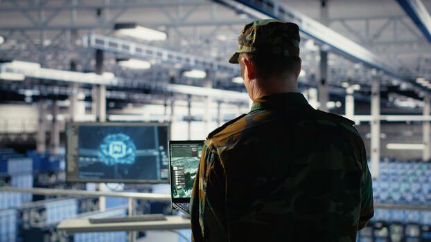Military data center expert using ballistic missiles radar on laptop to watch for enemy threats. Army soldier in data center uses scanner tech to detect rockets launched by enemy troops, camera B photo