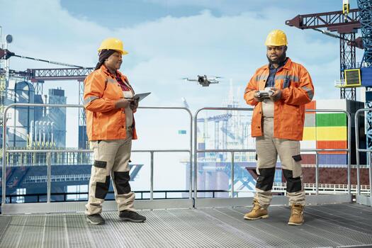 Drilling rig engineering team using drone to access areas that pose health risks to humans from safe distance. Teamworking offshore platform colleagues use remote control UAV to conduct aerial surveys photo