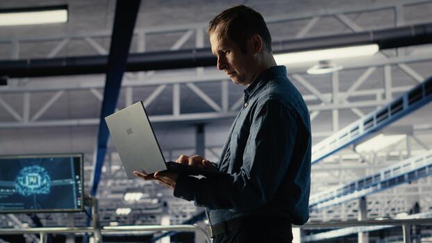 Data center technician investigates neural networks configuration, making adjustments to ensure optimal function. Server room employee checks machine learning error reports, camera B photo