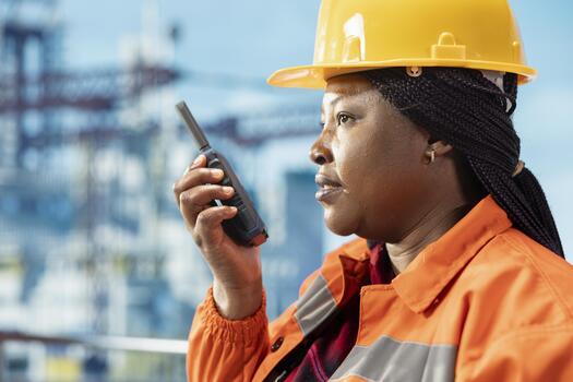 Closeup of offshore platform specialist using portable radio device to coordinate workflow during operations. Drilling rig technician speaking in walkie talkie, doing emergency procedures photo
