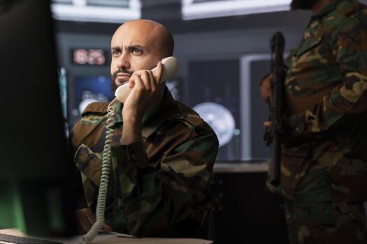 Military expert in telephone call offering information to commanders fighting on front lines. Army professional providing intel for troops in base of operations using phone photo