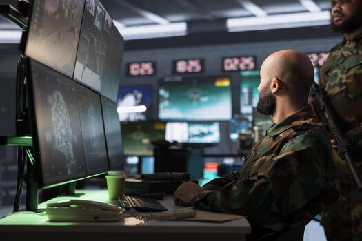 Army expert employing AI tech to improve military warfare systems, strategic decision making and threat monitoring. IT admin uses neural networks to enhance combat operational capabilities photo