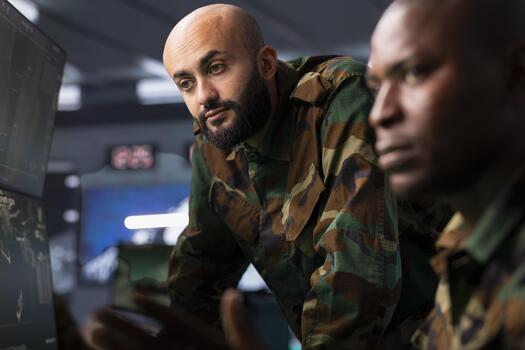 Team of military dispatchers looking at surveillance monitor, analyzing data to allocate resources to units based on mission needs. Agent and colleague examining strategic data on equipment displays photo
