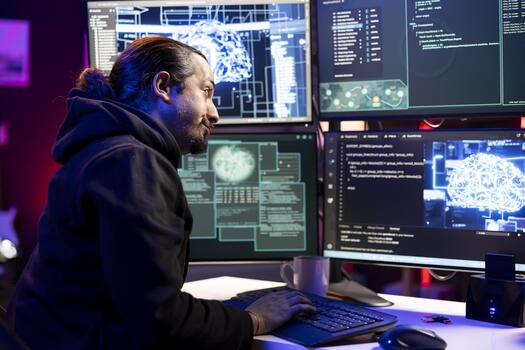 Hacker running neural network software to breach company security and open locked databases. Man starting cyber attacks, operating advanced hacking platforms with deep learning technology photo