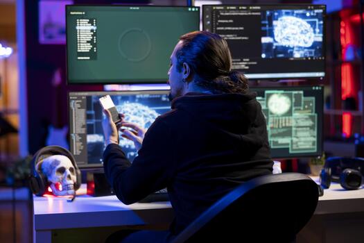 hacker a escritorio codificación en ordenador personal, utilizando ai a evadir seguridad con sigilo malware subido en disco duro mal hombre utilizando almacenamiento conducir a esconder malicioso código desde cortafuegos detección sistemas foto