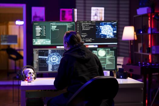 hacker carreras neural red tecnología programa a incumplimiento empresa seguridad y abierto bloqueado bases de datos pícaro programador haciendo ciber ataques, operando avanzado hackear plataformas con profundo aprendizaje tecnología foto