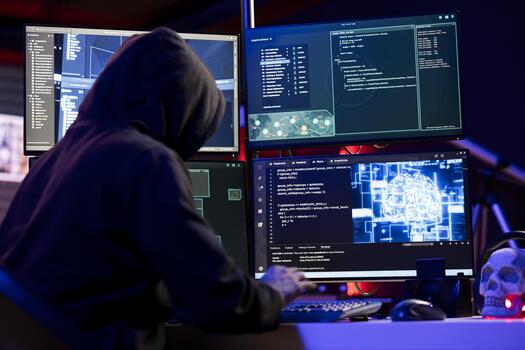 Rogue programmer uses AI deep learning to develop zero day exploit undetectable by antivirus. Hacker uses artificial intelligence computerized model to build script doing data mining photo